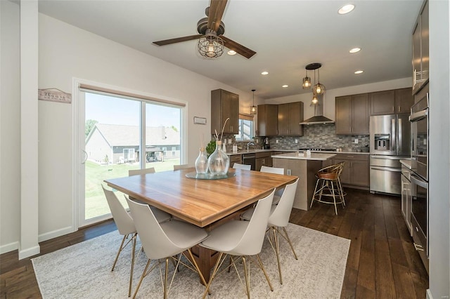 237 Mason Glen Dr, Lake St Louis, MO 63367 - dining area with a ceiling fan, recessed lighting, dark wood-style floors, and baseboards