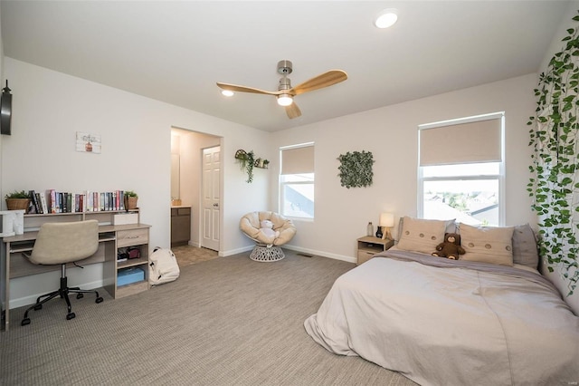 237 Mason Glen Dr, Lake St Louis, MO 63367 - carpeted bedroom with a desk, baseboards, ceiling fan, and ensuite bathroom