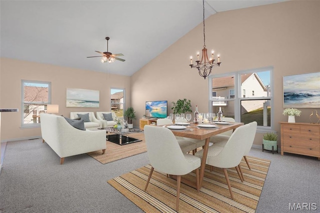 304 Spotted Fawn, Wentzville, MO 63385 - carpeted dining room with a chandelier, a ceiling fan, high vaulted ceiling, and baseboards
