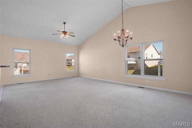 304 Spotted Fawn, Wentzville, MO 63385 - carpeted empty room featuring plenty of natural light, a chandelier, ceiling fan, baseboards, and high vaulted ceiling