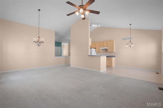304 Spotted Fawn, Wentzville, MO 63385 - unfurnished living room with a chandelier, high vaulted ceiling, light colored carpet, a ceiling fan, and baseboards