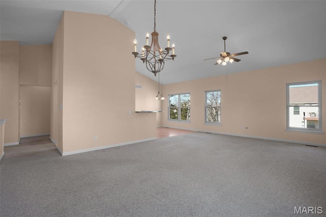 304 Spotted Fawn, Wentzville, MO 63385 - unfurnished living room featuring a chandelier, carpet floors, baseboards, ceiling fan, and high vaulted ceiling