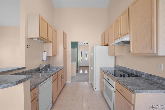 304 Spotted Fawn, Wentzville, MO 63385 - kitchen featuring light brown cabinets, white appliances, a sink, and under cabinet range hood