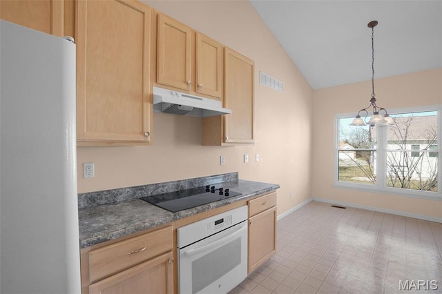 304 Spotted Fawn, Wentzville, MO 63385 - kitchen featuring white oven, under cabinet range hood, freestanding refrigerator, black electric cooktop, and light brown cabinets