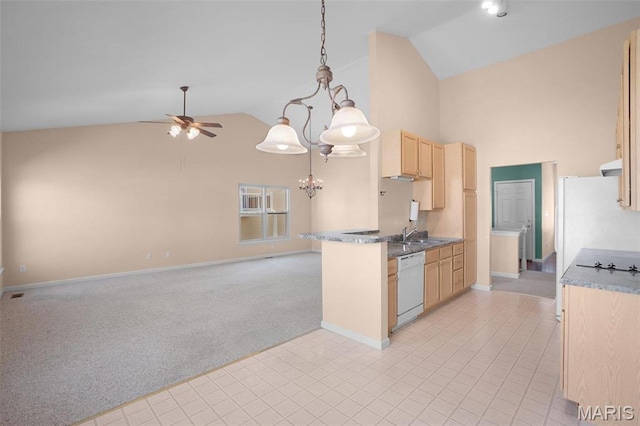 304 Spotted Fawn, Wentzville, MO 63385 - kitchen with white appliances, light brown cabinets, high vaulted ceiling, ceiling fan, and light colored carpet