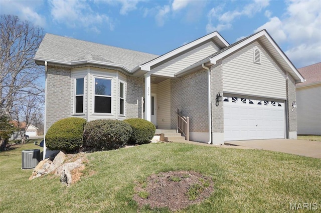 304 Spotted Fawn, Wentzville, MO 63385 - ranch-style house with brick siding, a garage, driveway, a front lawn, and cooling unit