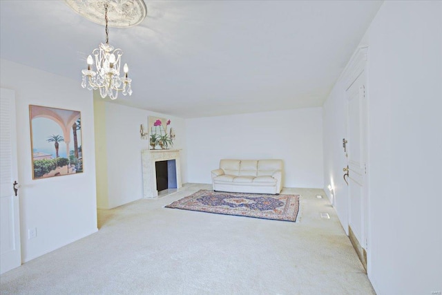 13515 Coliseum Dr Unit A, Chesterfield, MO 63017 - unfurnished living room with carpet, a chandelier, and a premium fireplace