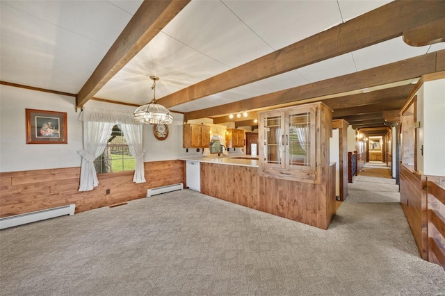 12044 State Route A, Saint Genevieve, MO 63670 - unfurnished dining area featuring wood walls, baseboard heating, carpet, wainscoting, and beam ceiling