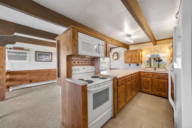 12044 State Route A, Saint Genevieve, MO 63670 - kitchen featuring white appliances, baseboard heating, a sink, beam ceiling, and brown cabinets