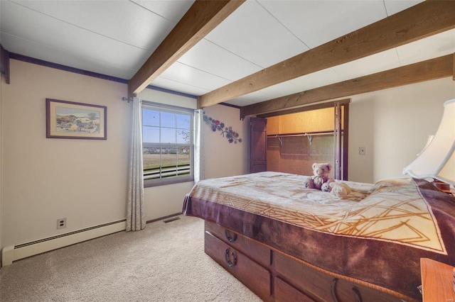 12044 State Route A, Saint Genevieve, MO 63670 - carpeted bedroom with a baseboard heating unit, beam ceiling, and baseboards