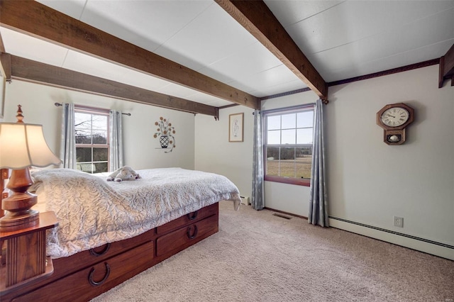 12044 State Route A, Saint Genevieve, MO 63670 - bedroom featuring light carpet, multiple windows, beamed ceiling, a baseboard radiator, and baseboards