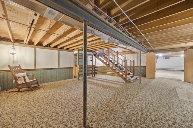 12044 State Route A, Saint Genevieve, MO 63670 - finished basement featuring carpet flooring, stairway, a wainscoted wall, and wood walls