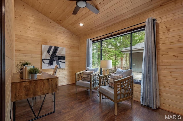 living area featuring wood ceiling, wood walls, vaulted ceiling, dark wood-style flooring, and ceiling fan