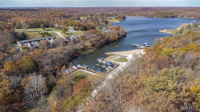aerial view of property's location featuring a heavily wooded area and a nearby body of water