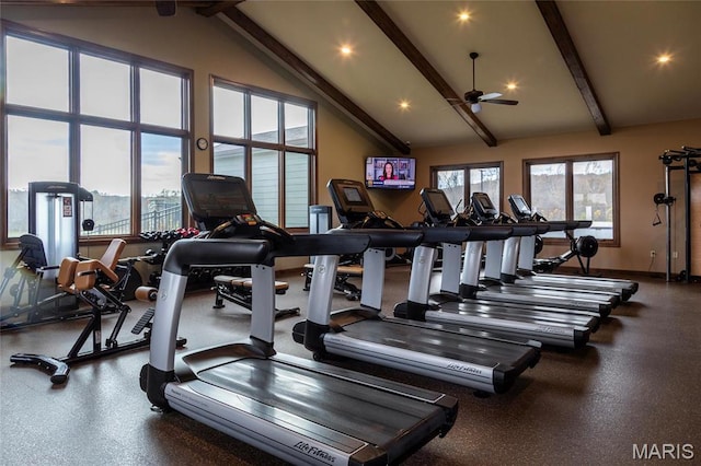 exercise room featuring ceiling fan, recessed lighting, and baseboards