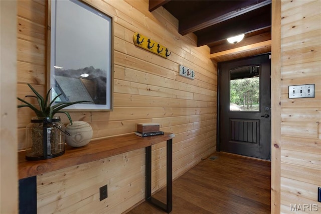 803 S Aspen Point Dr, Innsbrook, MO 63390 - entryway featuring wooden walls, wood finished floors, and beamed ceiling