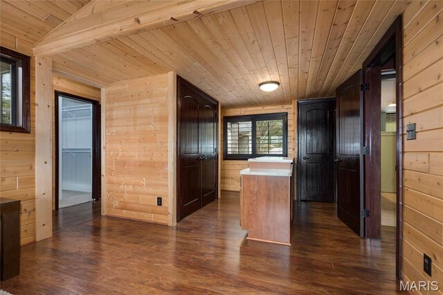 803 S Aspen Point Dr, Innsbrook, MO 63390 - kitchen featuring wood ceiling, wooden walls, dark wood-style flooring, and a kitchen island