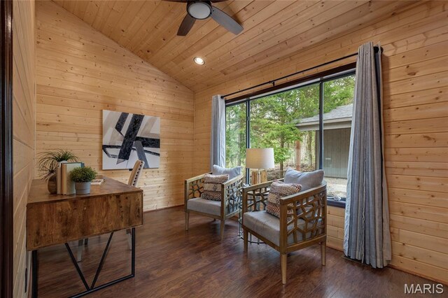 803 S Aspen Point Dr, Innsbrook, MO 63390 - sitting room featuring wood ceiling, vaulted ceiling, wood walls, dark wood-style floors, and a ceiling fan