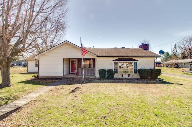 239 Olive St, Rockbridge, IL 62081 - ranch-style home with a porch, a chimney, a front lawn, and brick siding
