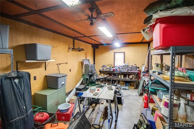 239 Olive St, Rockbridge, IL 62081 - basement featuring a workshop area, a garage, a ceiling fan, and wooden walls