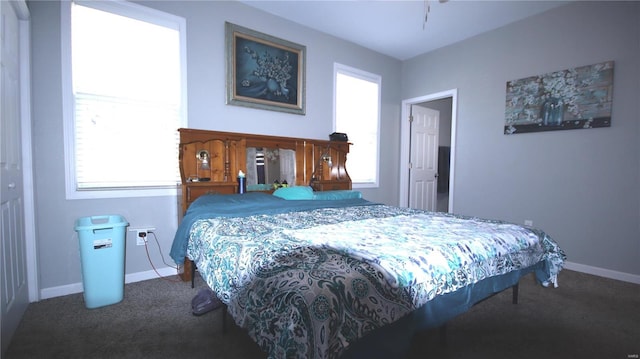 bedroom featuring carpet, multiple windows, and baseboards