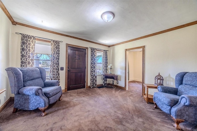 20677 Bend Rd, Crocker, MO 65452 - sitting room featuring carpet floors, healthy amount of natural light, ornamental molding, and baseboards