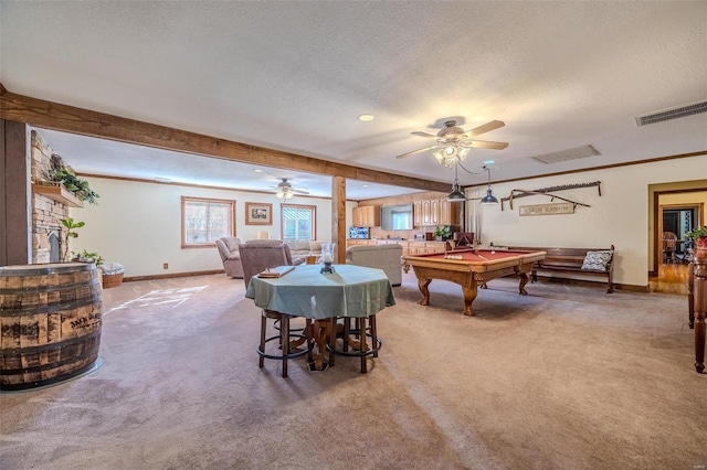 20677 Bend Rd, Crocker, MO 65452 - playroom featuring a textured ceiling, a ceiling fan, light colored carpet, pool table, and baseboards