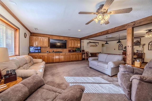 20677 Bend Rd, Crocker, MO 65452 - living area with light carpet, a ceiling fan, beam ceiling, crown molding, and a textured ceiling