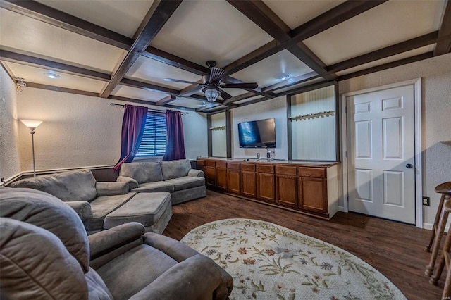 20677 Bend Rd, Crocker, MO 65452 - living room featuring a textured wall, coffered ceiling, ceiling fan, dark wood finished floors, and beamed ceiling