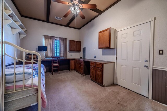 20677 Bend Rd, Crocker, MO 65452 - bedroom with light colored carpet, vaulted ceiling, and a ceiling fan