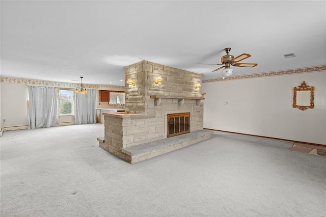 unfurnished living room featuring a ceiling fan, light carpet, a stone fireplace, and baseboards