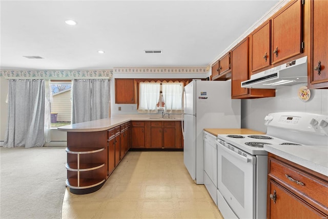 kitchen featuring white appliances, under cabinet range hood, brown cabinetry, and light countertops