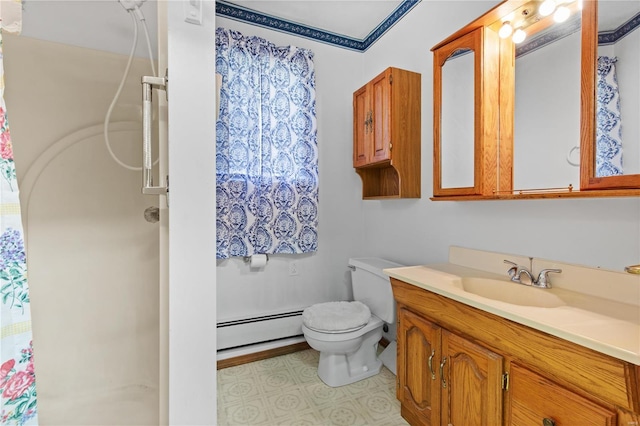 full bath featuring a baseboard heating unit, curtained shower, toilet, vanity, and tile patterned floors