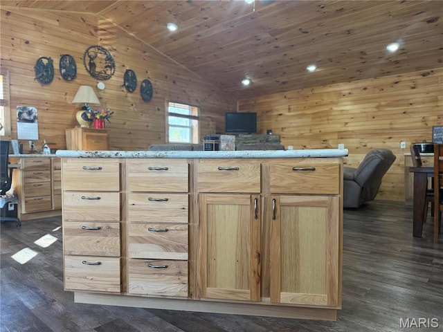 2887 County Road 5620, Willow Springs, MO 65789 - kitchen featuring open floor plan, lofted ceiling, wood walls, light brown cabinetry, and wooden ceiling