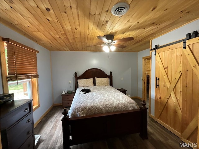 2887 County Road 5620, Willow Springs, MO 65789 - bedroom featuring a barn door, wooden ceiling, dark wood-type flooring, and baseboards