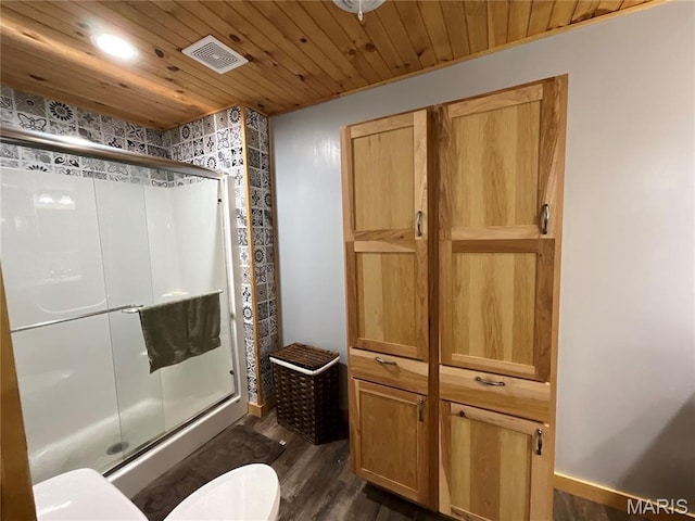 2887 County Road 5620, Willow Springs, MO 65789 - bathroom with a stall shower, toilet, wood finished floors, wood ceiling, and recessed lighting