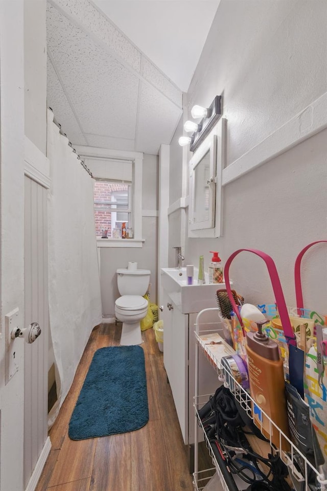 5044 Lindenwood Ave, Saint Louis, MO 63109 - bathroom featuring wood finished floors, toilet, vanity, and a shower with shower curtain