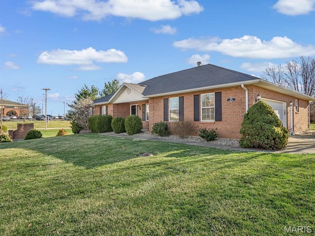 100 Fairway Dr, Waterloo, IL 62298 - ranch-style house featuring an attached garage, brick siding, a front yard, and a shingled roof