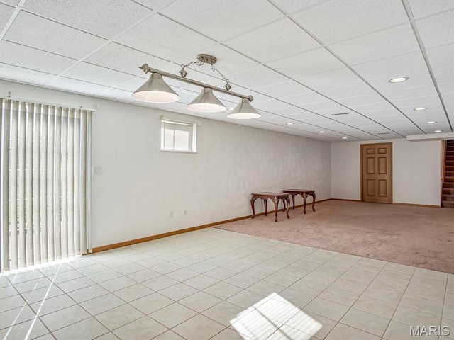100 Fairway Dr, Waterloo, IL 62298 - basement with baseboards, a drop ceiling, recessed lighting, and light carpet