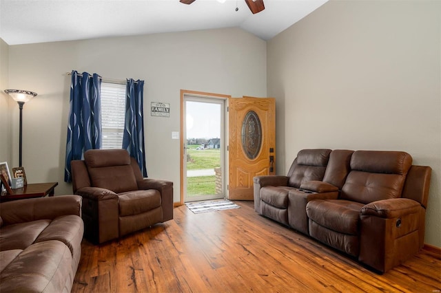 15919 Candy Corner Ln, Carlyle, IL 62231 - living area with a ceiling fan, wood finished floors, and high vaulted ceiling