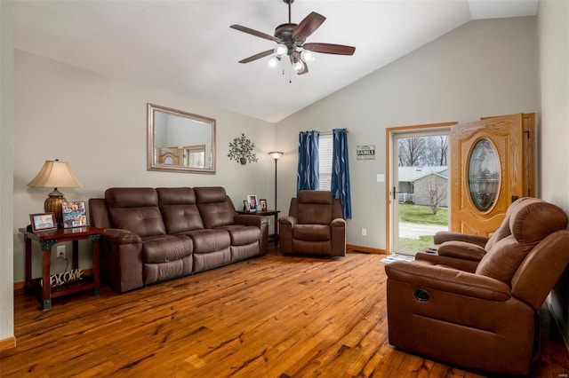 15919 Candy Corner Ln, Carlyle, IL 62231 - living room with wood finished floors, ceiling fan, high vaulted ceiling, and baseboards