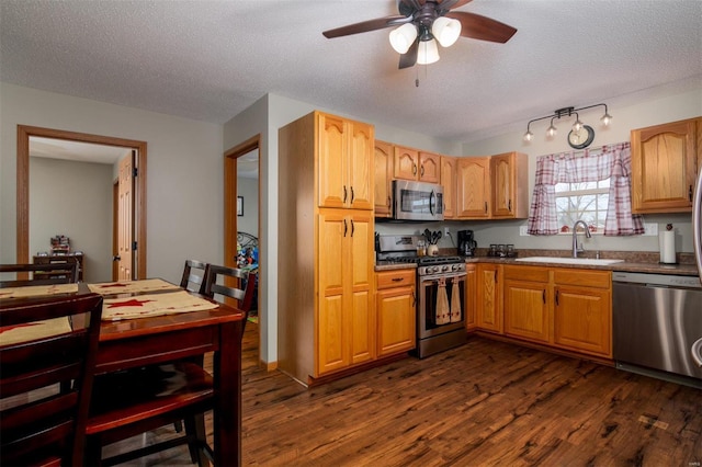 15919 Candy Corner Ln, Carlyle, IL 62231 - kitchen with appliances with stainless steel finishes, a sink, a textured ceiling, dark wood finished floors, and ceiling fan
