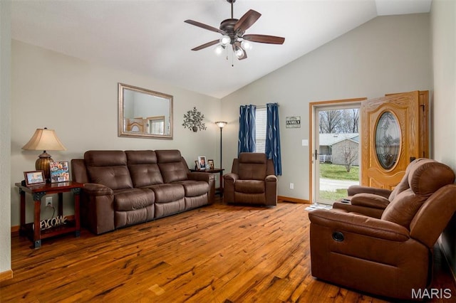 15919 Candy Corner Ln, Carlyle, IL 62231 - living area featuring wood finished floors, a ceiling fan, and high vaulted ceiling