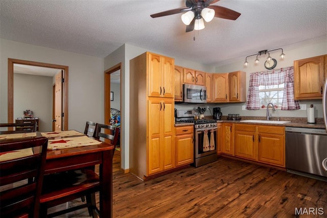 15919 Candy Corner Ln, Carlyle, IL 62231 - kitchen with appliances with stainless steel finishes, a textured ceiling, a ceiling fan, dark wood finished floors, and dark countertops