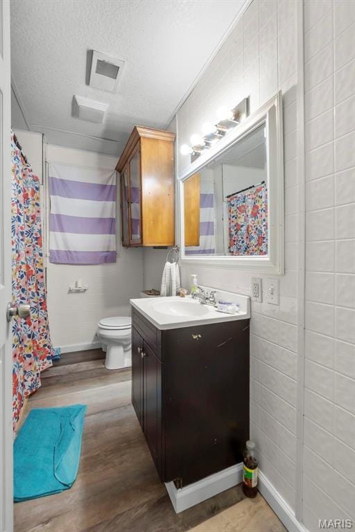 307 E Clark St, Clarkton, MO 63837 - bathroom with wood finished floors, vanity, toilet, a textured ceiling, and baseboards