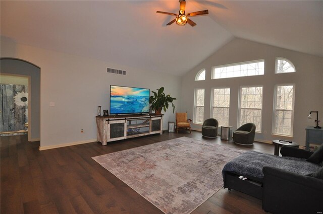 4072 Osage Rdg, House Springs, MO 63051 - living area with ceiling fan, dark wood-type flooring, high vaulted ceiling, and baseboards
