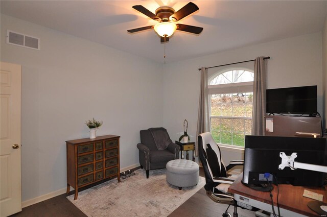 4072 Osage Rdg, House Springs, MO 63051 - home office with ceiling fan, wood finished floors, and baseboards