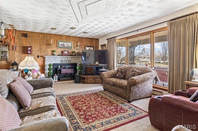 113 S Madison St, Desloge, MO 63601 - carpeted living room with wood walls, a baseboard radiator, and a fireplace