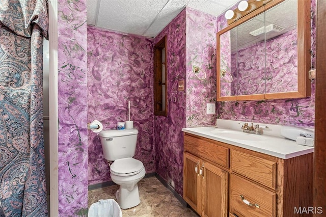 113 S Madison St, Desloge, MO 63601 - full bathroom featuring wallpapered walls, toilet, vanity, and a textured ceiling