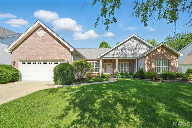 ranch-style home featuring brick siding, a front yard, a garage, and concrete driveway